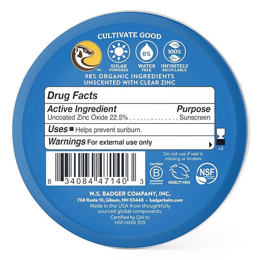 Badger Reef Safe Sunscreen Tin, Unscented SPF 40 Sport Mineral Sunscreen, 98% Organic, 80min Water Resistant Travel Size Hawaii Approved, 2.4 oz Tin