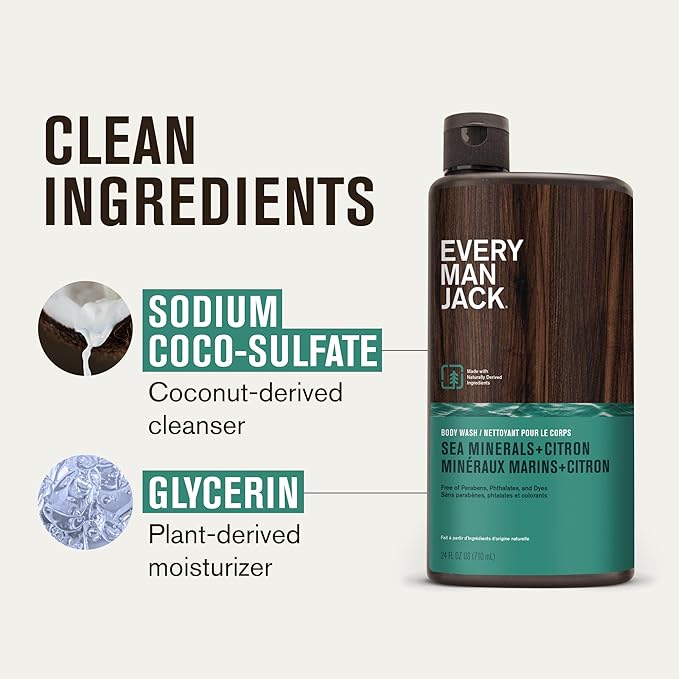 Every Man Jack Nourishing Sea Minerals + Citron Mens Body Wash for All Skin Types - Naturally Derived Ingredients - Cleanse and Hydrate Skin with Coconut and Glycerin - 24oz 2 Bottles