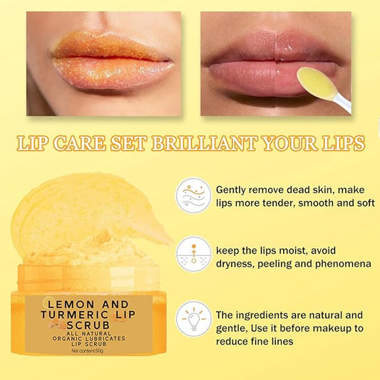 Turmeric Lemon Lip Scrub for Dark Lips with Brush, Turmeric lip Exfoliator with Aloe Vera, lip Scrubber Exfoliator for Dark, Dry, Chapped LiPs, Reduce Fine Lines, Hydrate LIp exfoliator Scrub (1 PCS)