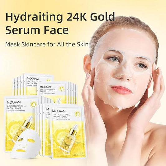 Facial Masks Skincare for Women,24K Gold Serum Moisturize Face Mask Sheet for Girl,Hydrating Face Mask for All Skin Types,Dry Skin & Sensitive Skin (10-Packs)