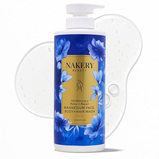 Nakery SkinRecovery Relax + Repair Magnesium Body Wash, Face Wash and Facial Cleanser with Dead Sea Salt, Epsom Salt, Magnesium Gel, Serum Infused Formula, Hydrates and Soothes, 1 Liter, Made in USA