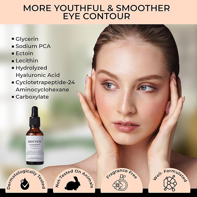 BIOCHEM Cyclopeptide-5 Anti-Aging Eye Contour Ampoule – Firming & Hydrating Serum with Hyaluronic Acid, Under-Eye Treatment, Reduces Bags, Fine Lines & Crow’s Feet – 1.01 fl. oz / 30 mL