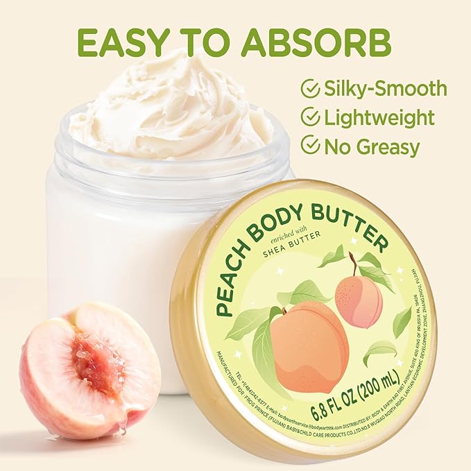 Peach Body Butter, Natural Body Care for Men Women Smell Good, Peach Scented Natural Body Butter, Body Moisturizer for Dry Skin 6.8 floz