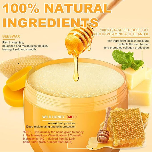 Beef Tallow for Skin, Natural Tallow Balm Face & Body Solid Moisturizer with Raw Honey and Beeswax, Grass-Fed Beef Tallow & Raw Wild Honey Blend, Hydrating Body Lotion for Nourishment,100G/3.5OZ (1PC)