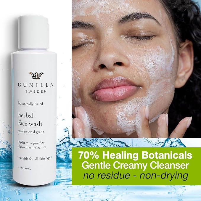 GUNILLA Herbal Face Wash - Very Gentle Daily Cream Cleanser for Dry, Normal, Sensitive Skin. Removes Dirt, Oil & Impurities. Plant-Based. Vegan. Natural. Concentrated 4.0 oz