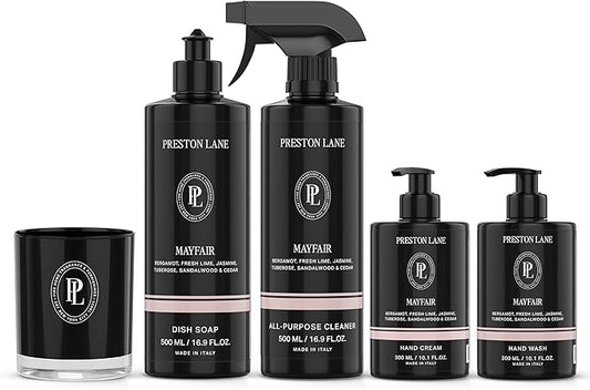 Signature Set, Includes All Purpose Cleaner, Dish Soap, Hand Wash, Hand Cream, & Scented Candle, Mayfair