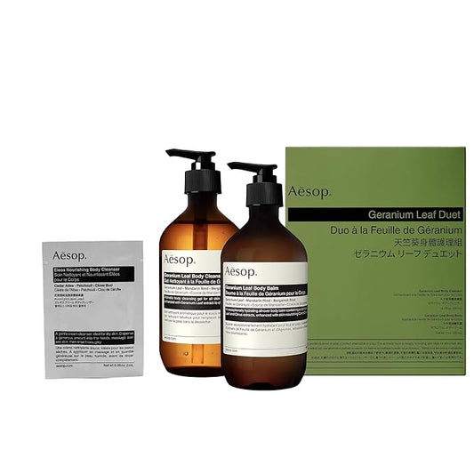 Aesop Geranium Leaf Duet | Gel Body Cleanser + Body Balm | Aromatic Pairing For Cleansed and Supple Skin |16.9 oz + 16.5 oz + Eleos Nourishing Body Cleanser Sample