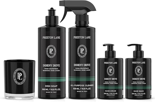 Signature Set, Includes All Purpose Cleaner, Dish Soap, Hand Wash, Hand Cream, & Scented Candle, Doheny Drive