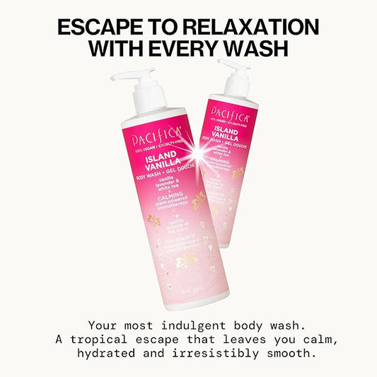 Pacifica Island Vanilla Body Wash Aloe + Hyaluronic Acid, Daily Cleansing, Bath & Shower Gel, Essential Oils, Clean, Vegan + Cruelty & Paraben Free, Clean Beauty Vegan Dermatologist Tested, 12 Fl Oz