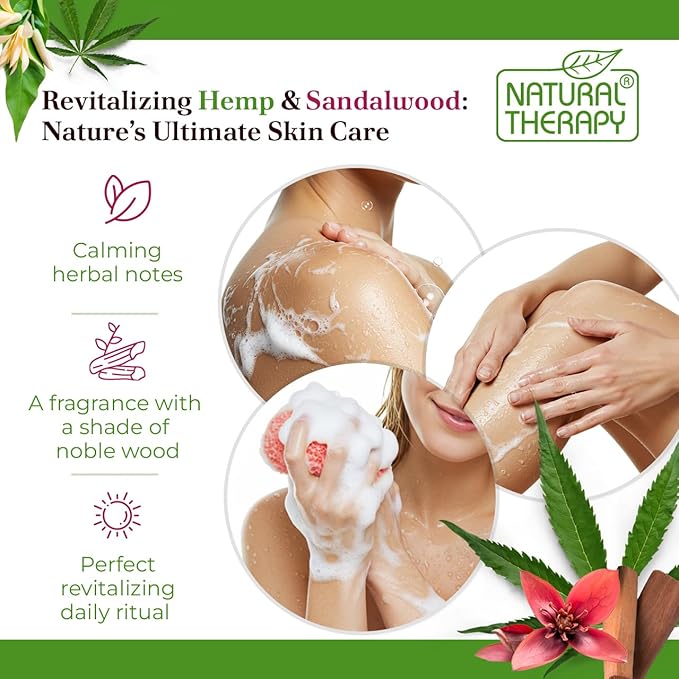 Natural Therapy Body Wash for Women and Men with Hemp & Sandalwood Oils - Shower Gel Cleanses and Moisturizing Skin - With Dead Sea Minerals Nourish for Body, Pack of 2 (67.6 fl.oz)