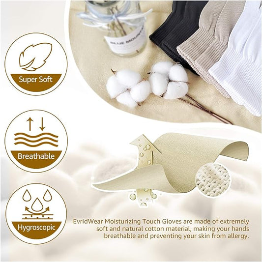 Evridwear Unisex Moisturizing Cotton Gloves with Touchscreen Fingertips for Eczema Beauty Cosmetic Dry Hands Sensitive Irritated Skin Therapy Overnight Bedtime, 6 Pairs, Lightweight-White, L/XL