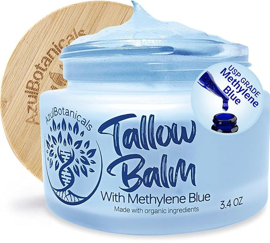 Methylene Blue Infused Whipped Grass Fed Beef Tallow Balm for Healthy Skin, Anti-Aging, Fullbody Moisturizer, Stretchmarks, Rosacea, Psoriasis, Eczema, Acne, All skin types, Organic Ingredients 3.4oz