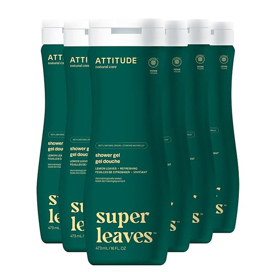 ATTITUDE Body Wash, EWG Verified Shower Gel, Dermatologically Tested, Plant and Mineral-Based, Vegan Personal Care Products, Lemon Leaves, 16 Fl Oz (Pack of 6)