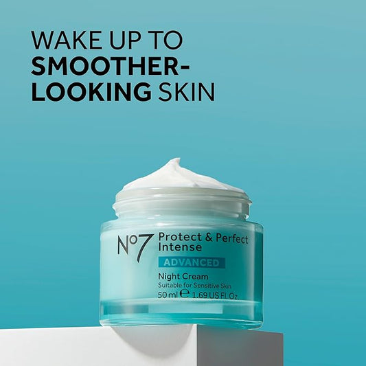 No7 Protect & Perfect Intense Advanced Night Cream Fragrance Free - Vitamin E & Shea Butter Face Cream - Fine Line Reducing Moisturizer with Collagen Peptide Technology (1.69 fl oz)