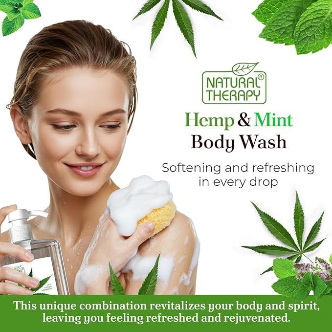 Natural Therapy Body Wash for Women and Men with Hemp & Mint - Shower Gel Cleanses and Moisturizing Skin - With Dead Sea Minerals Nourish for Body, Pack of 2 (67.6 fl.oz)