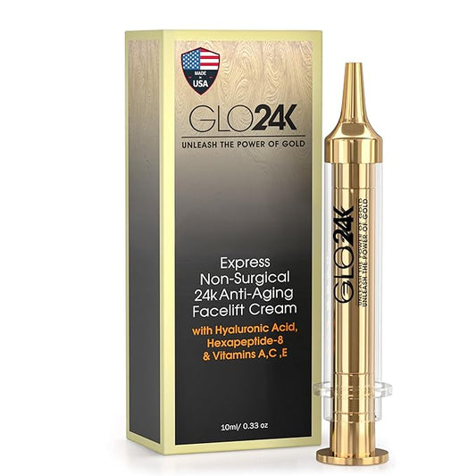 GLO24K Instant Facelift Cream with 24k Gold, Hyaluronic Acid, Peptides, and Vitamins A,C,E - Non-Invasive Alternative to Injections for Fast Results