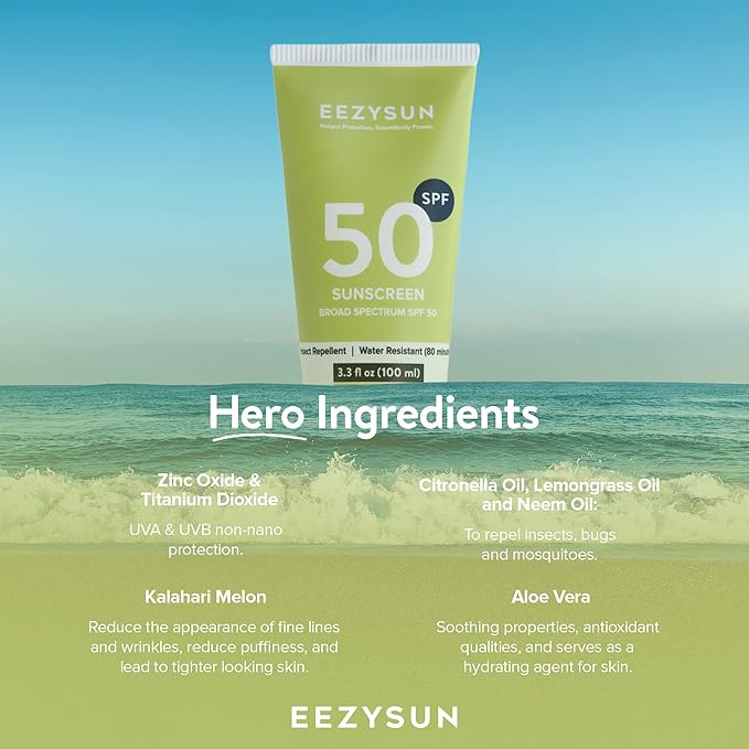 SPF 50 Sunscreen and Insect Repellent - Water-Resistant Sunscreen Travel Size & Bug Repellent with Citronella Oil, Lemongrass, and Neem Oil - Reef-Safe Bug Repellent Outdoor - 3.3 fl oz