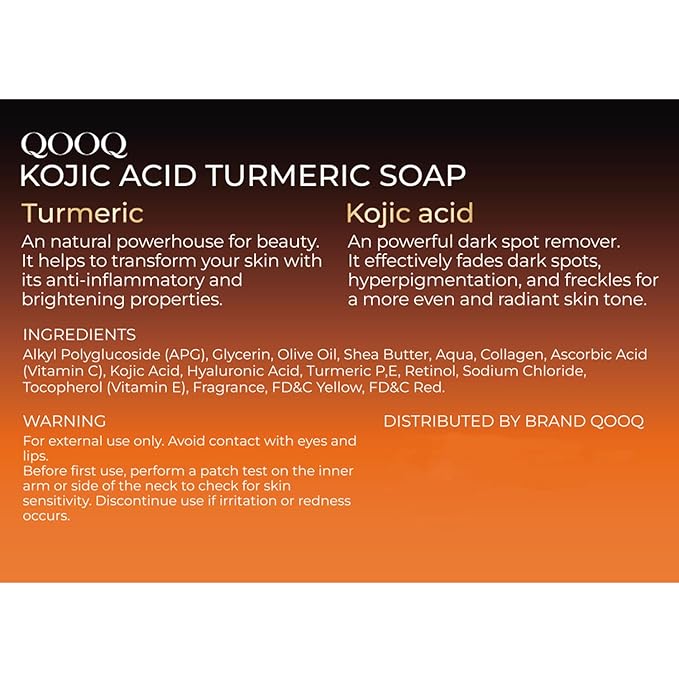 QOOQ Turmeric Kojic Acid Soap for Dark Spots Brightening – Face and Body Wash with Vitamin C, Retinol, Collagen, Vitamin E, Glycerin, Shea Butter & Castile Olive Oil – Soap for Women & Men (100g)
