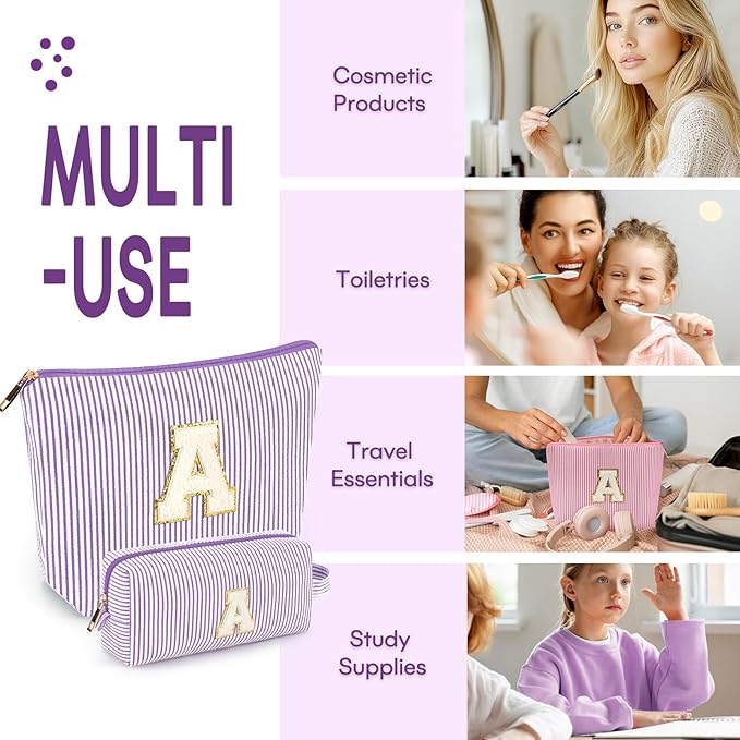 2 PCS Initial Makeup Bags for Women: Cosmetic Bag for Travel Toiletry - Birthday Gifts for 11 12 13 14 15 16 17 18 Years Old Girl Graduation Teacher Gift- Teen Girl Gifts Trendy Stuff - Purple B