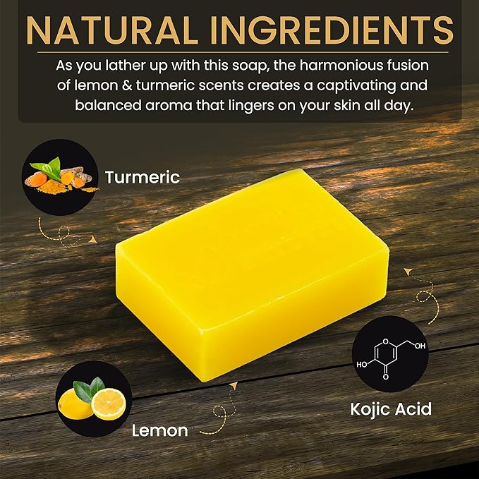Lemon Turmeric Kojic Acid Soap Bar - 3-Pack Plant-Based Face & Body Bar Soap - Gentle Daily Soap for All Skin Types - Vegan Skincare Gift for Men & Women