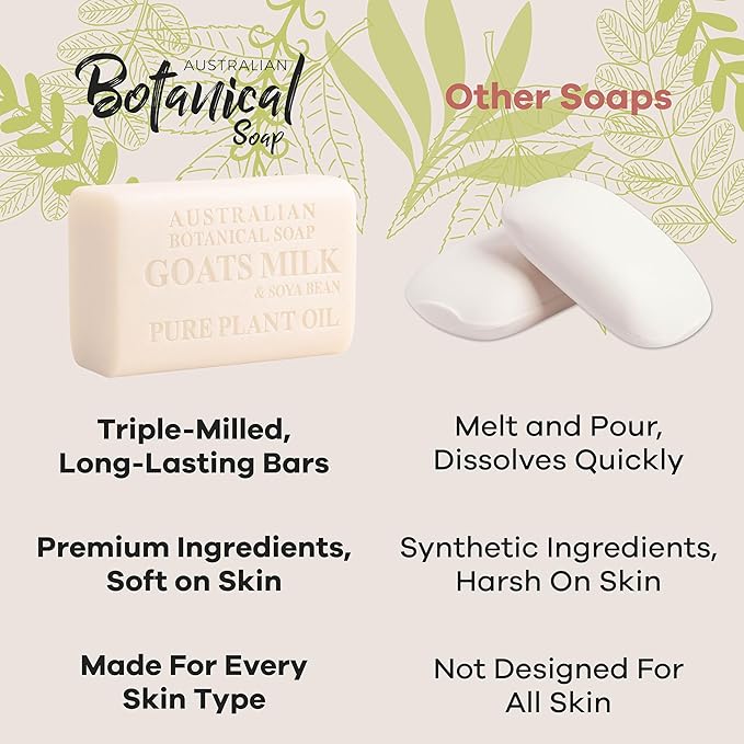 Australian Botanical Soap 6.5 OZ Pack of 4, Goat Milk Soap Bars with Soya Bean Oil, Enriched with Organic Shea Butter, Suitable for All Skin Types