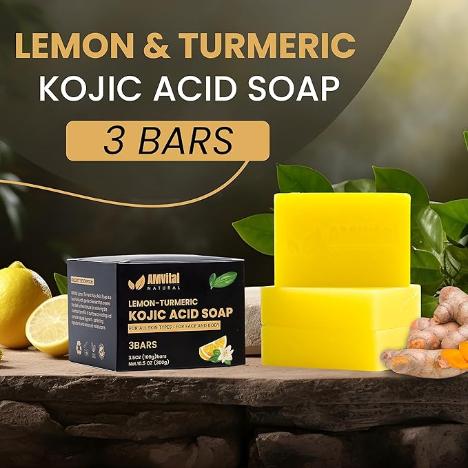 Lemon Turmeric Kojic Acid Soap Bar - 3-Pack Plant-Based Face & Body Bar Soap - Gentle Daily Soap for All Skin Types - Vegan Skincare Gift for Men & Women
