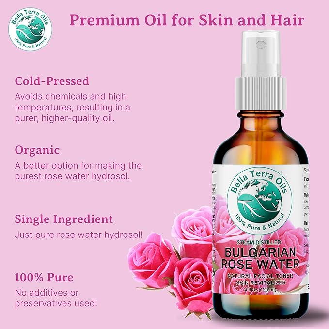 Bella Terra Oils Rose Water Hydrosol – 1 Gallon | Pure, Gentle Facial Toner & Mist | Natural Skin Tonic, Makeup Setting Spray | Organic, Steam-Distilled