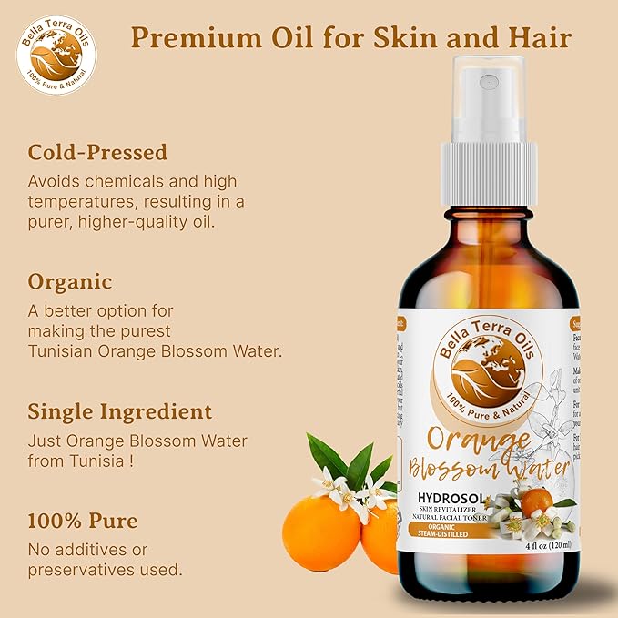 Bella Terra Oils - Organic Neroli Water 16oz - Refreshing Orange Blossom Mist, Naturally Distilled & Rich in Botanical Essence