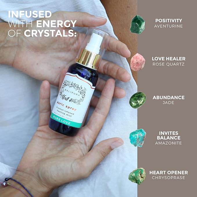 BALIPURA Pure Love Aura Spray - Organic Jasmine & Ylang Ylang Essential Oils - Attraction Mist with Quartz Crystals - Aromatherapy Room Spray for Abundance, Cleanse, and Self-Love