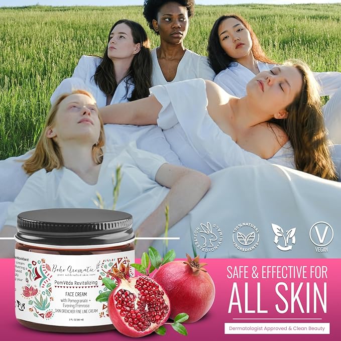 Hydrating Face Cream with Pomegranate – Lightweight, Scent-Free, Ayurvedic Plant-Based Facial Moisturizer with Nourishing Botanical Ingredients – Natural Skincare, PomVéda glass jar