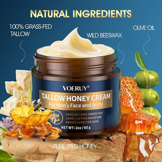 Mens Face Moisturizer Cream - Tallow Balm for Skin with Raw Honey for Reduce Wrinkles, Natural Grass-Fed Tallow Moisturizer for Face, Facial Skin Care & Eye Lotion - Day & Night, 2oz/60g