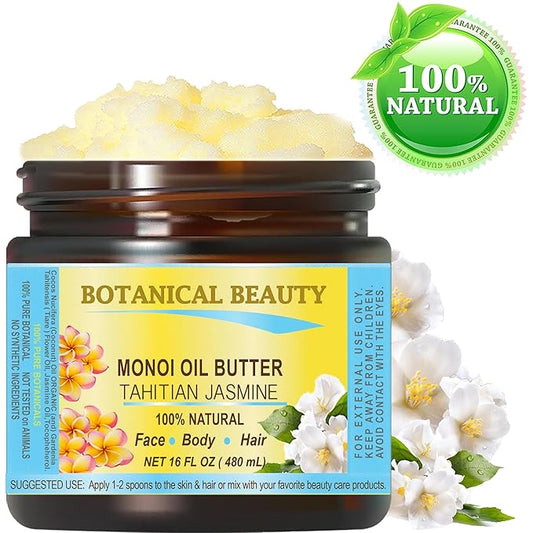 Botanical Beauty MONOI OIL BUTTER TAHITIAN JASMINE Pure Natural Virgin Unrefined RAW for FACE, SKIN, BODY, DAMAGED HAIR, NAILS (16 Fl Oz)