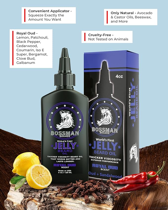 Bossman Jelly Beard Oil for Men (4 oz, Royal Oud Scent) – Softens, Moisturizes & Conditions with Natural Ingredients