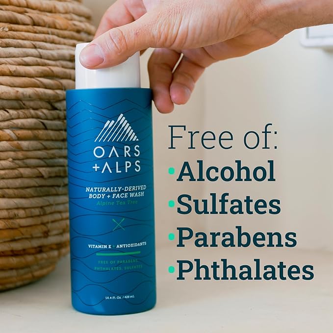 Oars + Alps Men's Moisturizing Body and Face Wash, Skin Care Infused with Vitamin E and Antioxidants, Sulfate Free, Alpine Tea Tree, 3 Pack