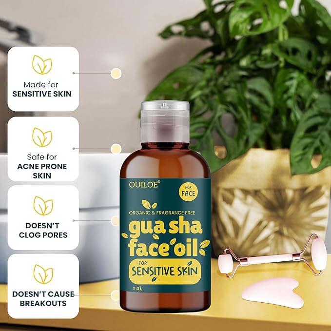 Guasha Oil for Sensitive Skin - Face Oil for Gua Sha Lymphatic Massage - Safe for Acne Prone Skin - Non Comedogenic, Fragrance Free, Organic, Natural & Non Greasy - Use with Gua Sha Facial Tools, 2oz