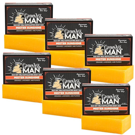 Grown Ass Man Co. Exfoliating Body Bars - Solid Soap with Natural Oils & Gentle Scrub - Plastic Free & Eco-Friendly, Natural & Organic for All Skin, 4oz Bar - Mister Sunshine - Mild Exfoliant, 6-Pack
