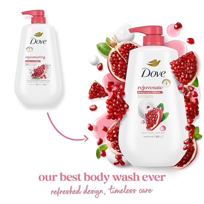Dove Body Wash with Pump Rejuvenate Pomegranate & Hibiscus for 24hr Lotion-Soft Skin Moisturizing Skin Cleanser with No Sulfates No Parabens 30.6 Oz