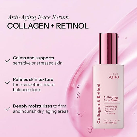 Collagen & Retinol Face Serum - Dermatologist Tested Korean Anti-Aging Solution for Wrinkles & Dark Spots - Premium Skin Repair Formula for Deep Hydration & Rejuvenation - 2 fl oz