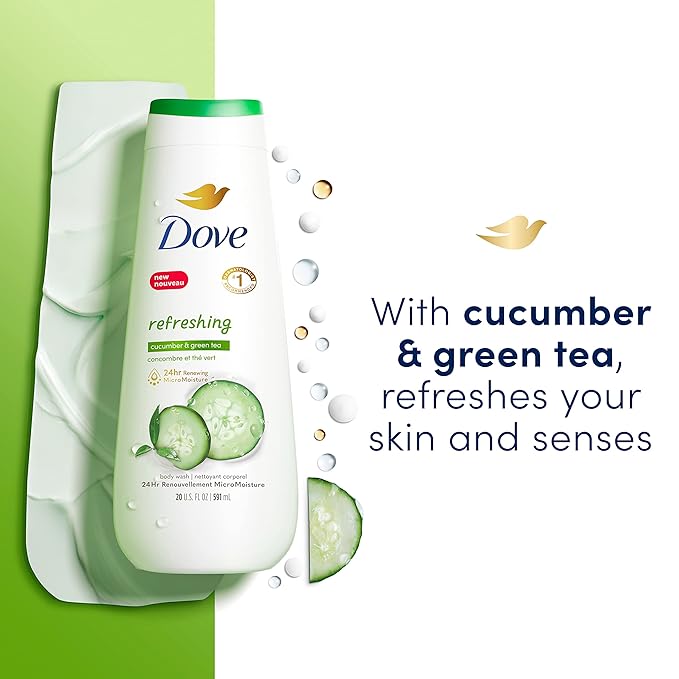 Dove Body Wash Refreshing Cucumber and Green Tea 4 Count Refreshes Skin Cleanser That Effectively Washes Away Bacteria While Nourishing Your Skin 20 oz