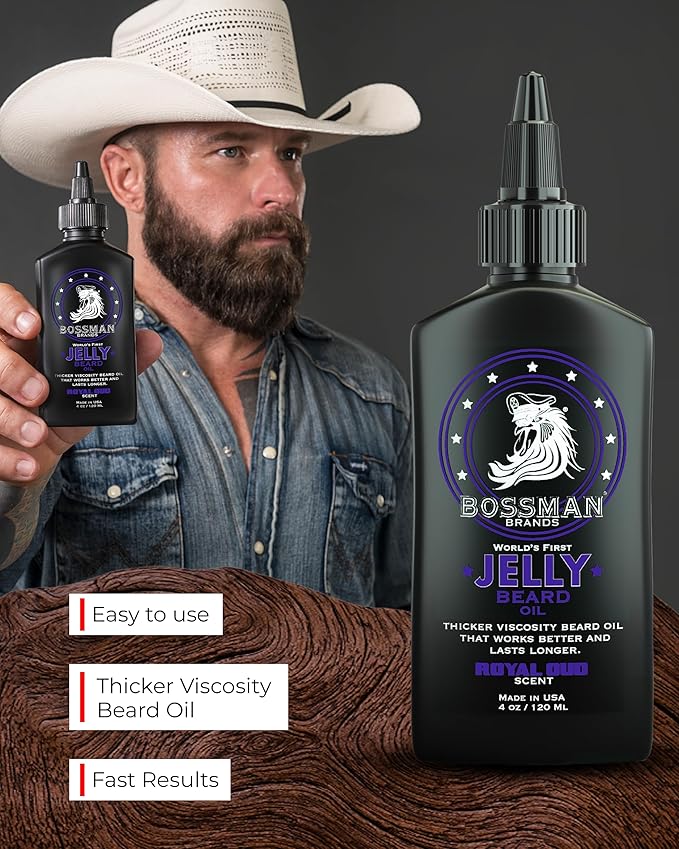 Bossman Jelly Beard Oil for Men (4 oz, Royal Oud Scent) – Softens, Moisturizes & Conditions with Natural Ingredients