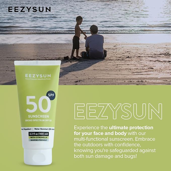 SPF 50 Sunscreen and Insect Repellent - Water-Resistant Sunscreen Travel Size & Bug Repellent with Citronella Oil, Lemongrass, and Neem Oil - Reef-Safe Bug Repellent Outdoor - 3.3 fl oz