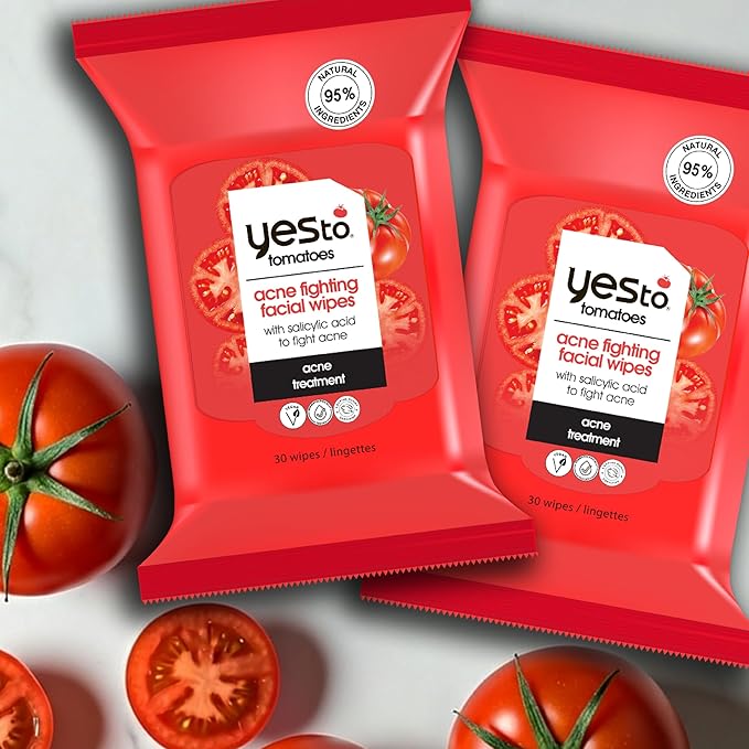 Yes To Tomatoes Clear Skin Acne Fighting Facial Wipes, Acne Prone Skin + Helps Control Oil + Salicylic Acid + 95% Natural Ingredients, 30 Count (Pack of 2)