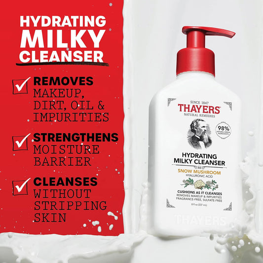 Milky Hydrating Face Cleanser with Snow Mushroom & Hyaluronic Acid – Gentle Facial Wash for Dry, Sensitive Skin – Moisturizing, Non-Stripping, Paraben-Free, Fragrance-Free, Dermatologist Recommended – 8 Fl Oz (Clear)