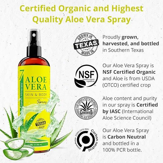 Seven Minerals, Organic Aloe Vera Spray for Body & Hair - From Freshly Cut Aloe Plant, Extra Strong, Easy to Apply, No Thickeners So It Absorbs Rapidly, No Sticky Residue - Made in USA (Big 12 fl oz)