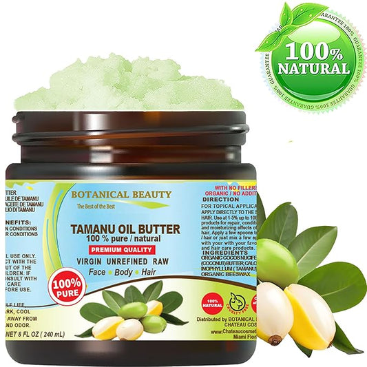 Botanical Beauty TAMANU OIL BUTTER RAW 100% Pure Natural VIRGIN UNREFINED Cold-Pressed Carrier for Face, Skin, Body, Hair, Lip, Nails. Rich in Vitamin E (8 Fl Oz)