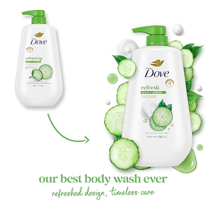 Dove Body Wash with Pump Refresh Cucumber and Green Tea for 24hr Lotion-Soft Skin Moisturizing Skin Cleanser with No Sulfates No Parabens 30.6 oz