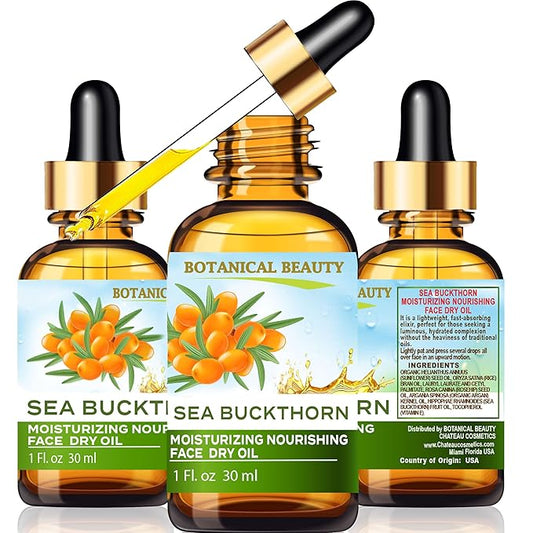 Botanical Beauty SEA BUCKTHORN MOISTURIZING NOURISHING FACE DRY OIL 100% Natural. 1 Fl oz 30 ml Rice Bran, Rosehip, Organic Argan, Sea Buckthorn Fruit Oil, Face Moisturizer, Rejuvenate, Anti-aging