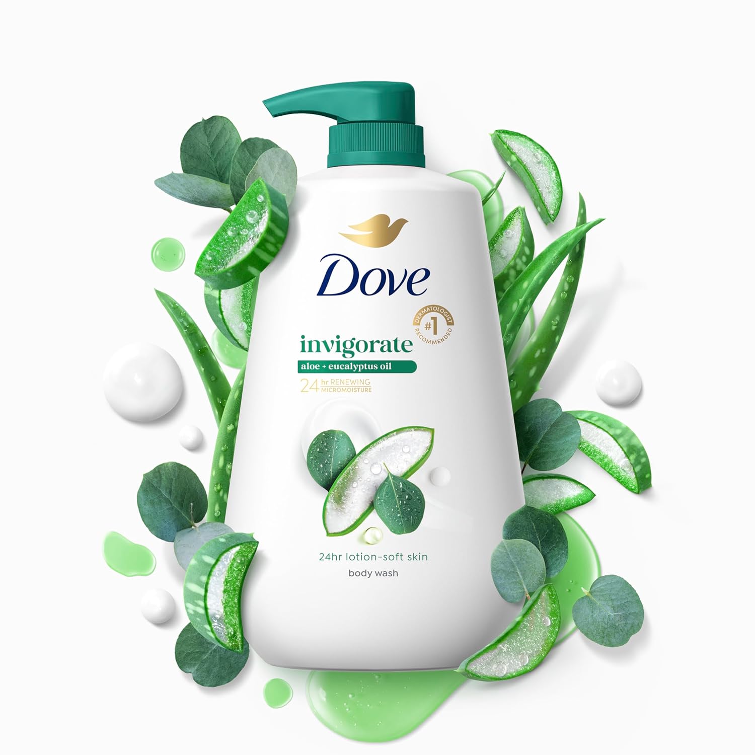 Body Wash with Pump Invigorate Aloe & Eucalyptus for 24Hr Lotion-Soft Skin Moisturizing Skin Cleanser with No Sulfates No Parabens 30.6 Oz