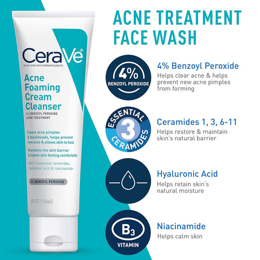 Acne Skin Care Set – Foaming Cream Cleanser, Resurfacing Retinol Serum, AM Moisturizer with SPF 30 & PM Moisturizer – Complete Acne Treatment Kit, 5oz + 1oz + 2oz + 2oz