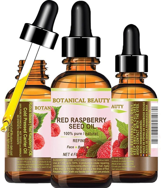 Botanical Beauty Red Raspberry Seed Oil 100% Pure Natural Undiluted Refined Cold Pressed Carrier Oil for Face, Skin, Hair, Lips, Nails. Rich in Vitamin C, Vitamin E (4 Fl Oz)